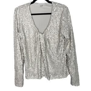 Allison Joy Medium M Light Gray Nina Matte Sequin V Neck Long Sleeve Blouse Top